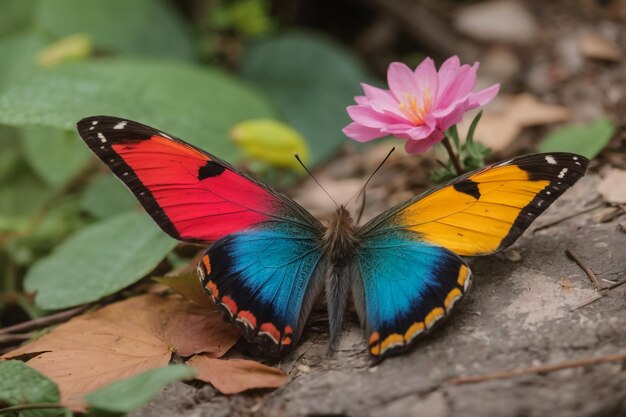 Foto colorida mariposa morpho en la flor de purslane naranja brillante en las gotas de rocío