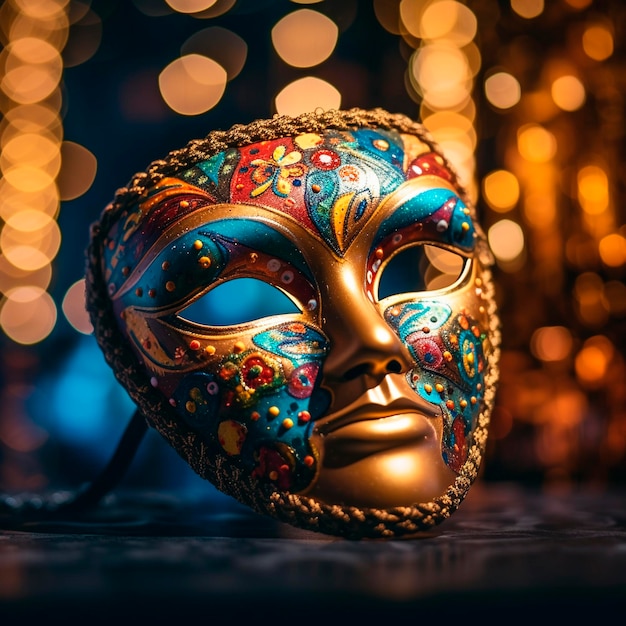 Una colorida máscara de carnaval con una cara dorada y una cinta dorada.