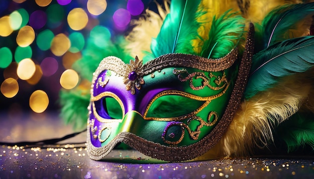 Foto colorida máscara de mascarada de mardi gras con plumas de bokeh oscuro festival veneciano disfraz de carnaval