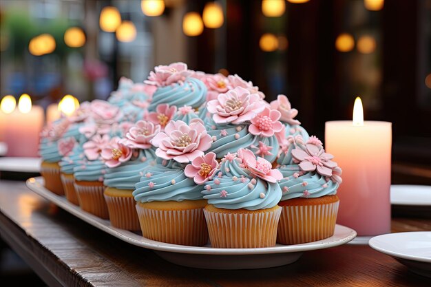 Colorida mesa de cupcakes en evento benéfico generativo IA