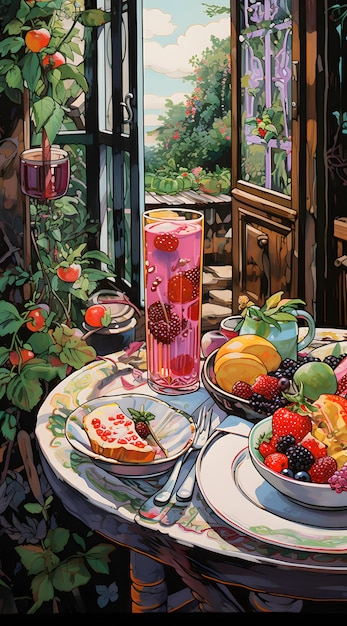Colorida mesa de desayuno con frutas.