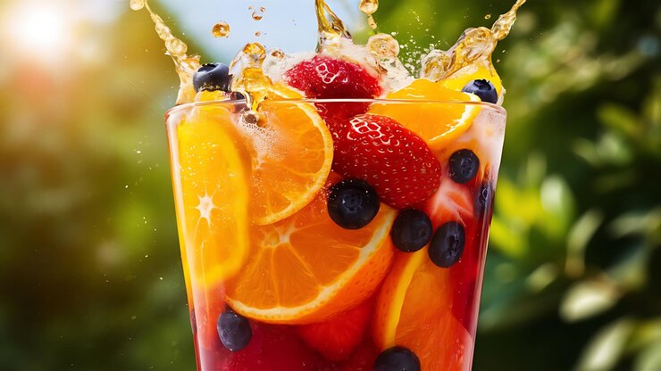 Colorida mezcla de frutas dulce bebida de jugo lleno de vitaminas saludable jugo de frutas tropicales uva nat