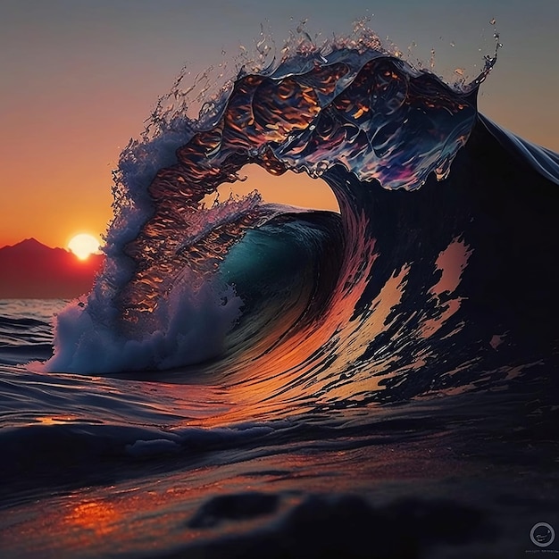 Colorida ola oceánica Agua de mar en forma de cresta Luz del atardecer y hermosas nubes en el fondo Arte digital