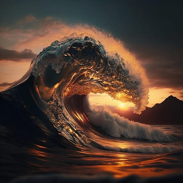 Colorida ola oceánica Agua de mar en forma de cresta Luz del atardecer y hermosas nubes en el fondo Arte digital