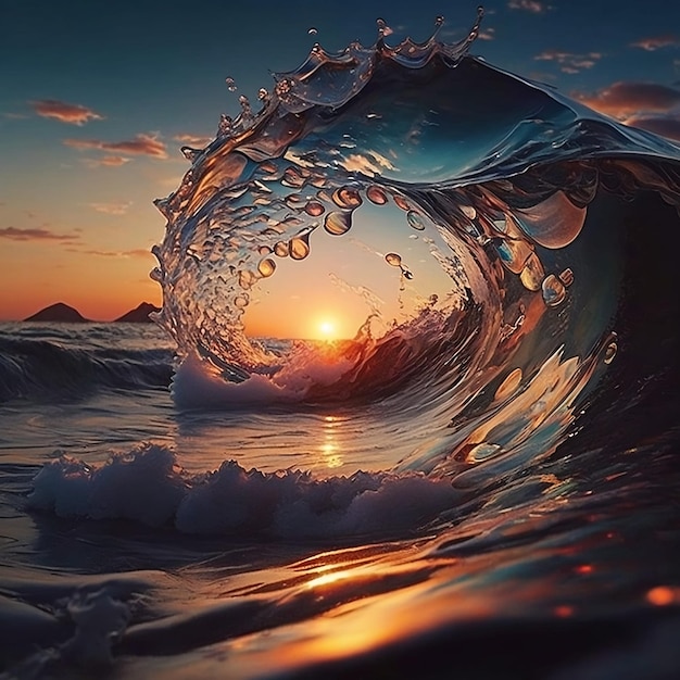 Colorida ola oceánica Agua de mar en forma de cresta Luz del atardecer y hermosas nubes en el fondo Arte digital