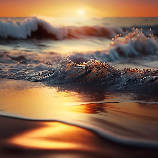 Colorida ola oceánica Agua de mar en forma de cresta Luz del atardecer y hermosas nubes en el fondo Arte digital