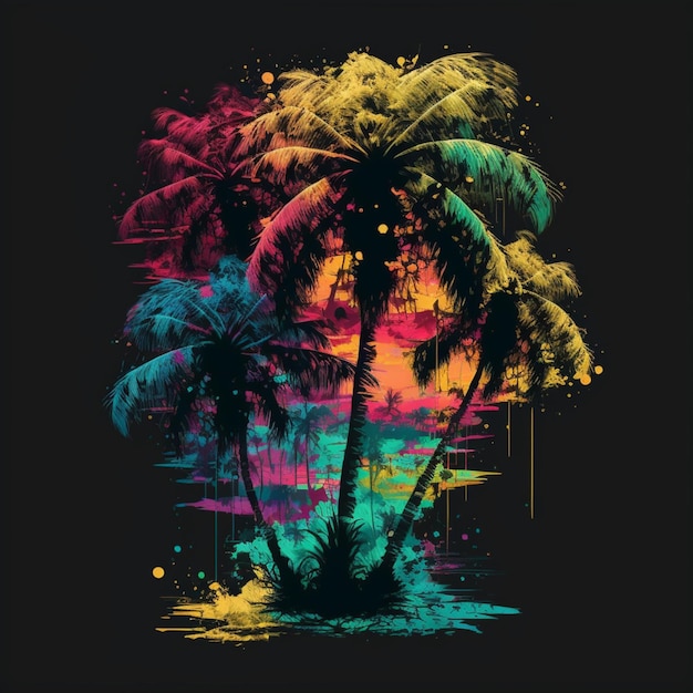 una colorida palmera con una puesta de sol de fondo generativ ai