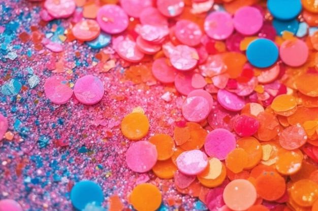Una colorida pila de dulces está cubierta de dulces rosas y naranjas.