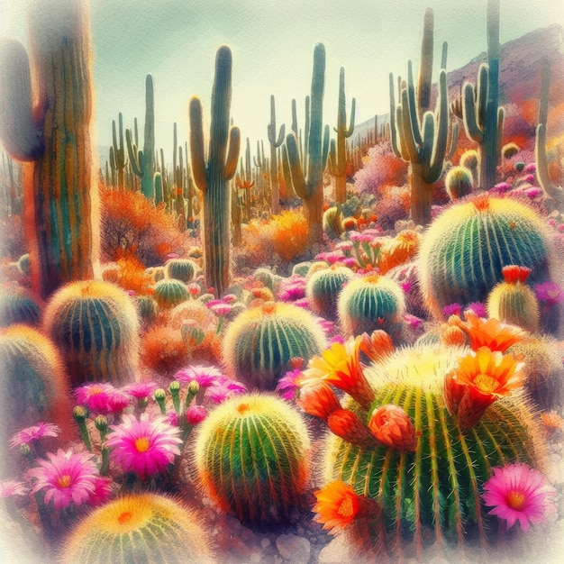 Foto una colorida pintura en acuarela de un cactus