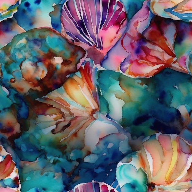 Una colorida pintura acuarela de conchas marinas.