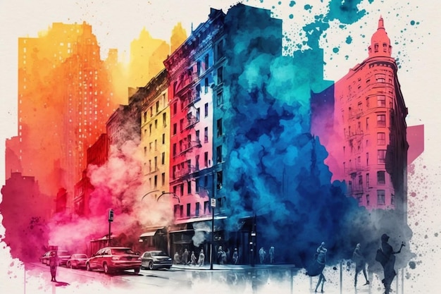 Una colorida pintura de acuarela de un edificio con un edificio al fondo en la ciudad de nueva york