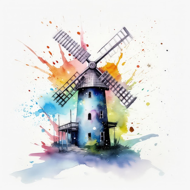 Foto colorida pintura de acuarela de un molino de viento