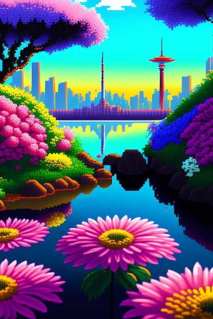 Una colorida pintura estilo pixel art de una ciudad con un rascacielos en el fondo.