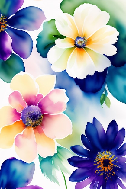 Una colorida pintura floral con flores azules y amarillas.
