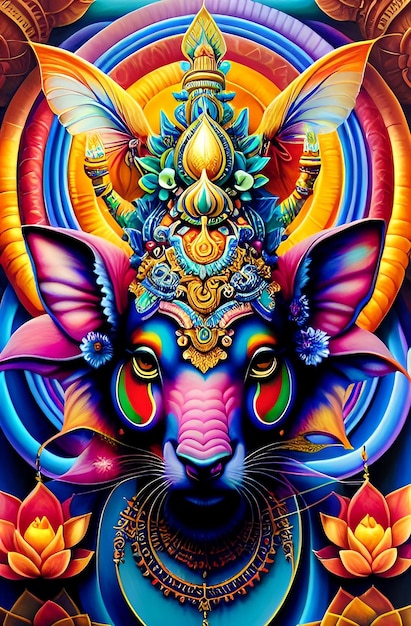 Una colorida pintura de mandala de un toro con una cabeza y una flor.