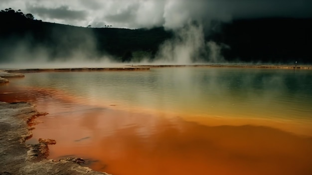 Una colorida piscina de agua con una montaña al fondo.