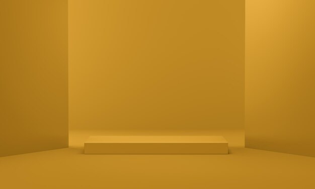 Colorida plataforma de escenario grande en la sala de estar moderna amarilla concepto iluminado para la visualización del producto representación 3d