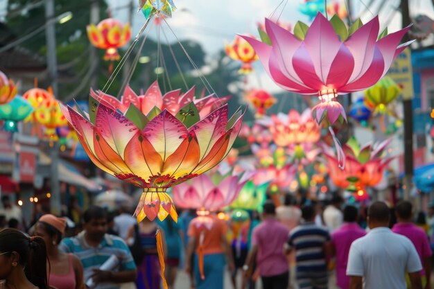 colorida procesión de Vesak en una calle decorada