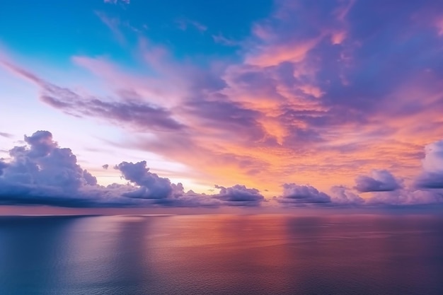 Una colorida puesta de sol sobre el océano con un cielo morado y nubes.