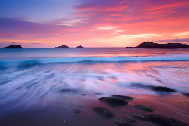 Una colorida puesta de sol sobre el océano con un cielo rosa y azul.