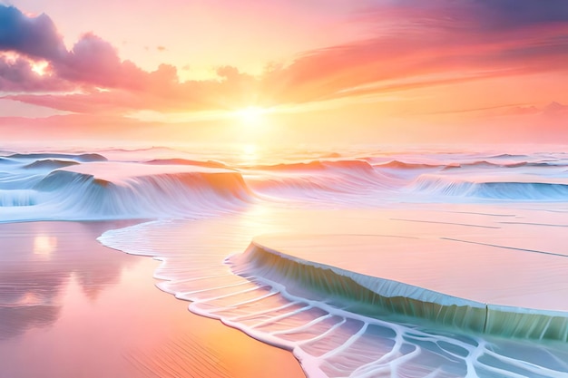 Una colorida puesta de sol sobre el océano con un cielo rosa y el sol reflejado en el agua.