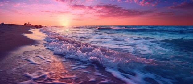 La colorida puesta de sol se ve desde la playa de mar rosa azul con las olas que fluyen suavemente hacia la orilla