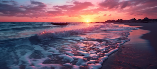 La colorida puesta de sol se ve desde la playa de mar rosa azul con las olas que fluyen suavemente hacia la orilla