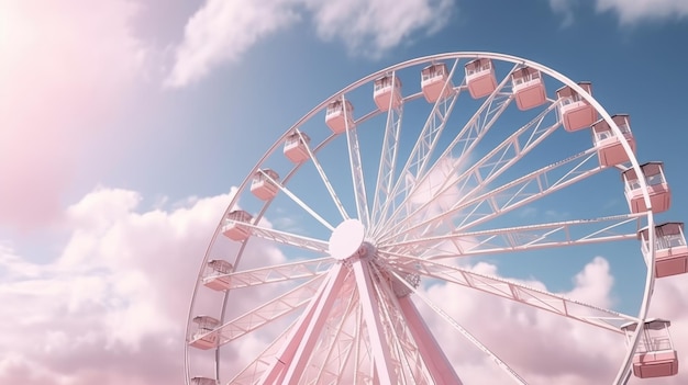 Colorida roda gigante rosa ao pôr-do-sol com árvores dramáticas no céu nublado Parque de diversões