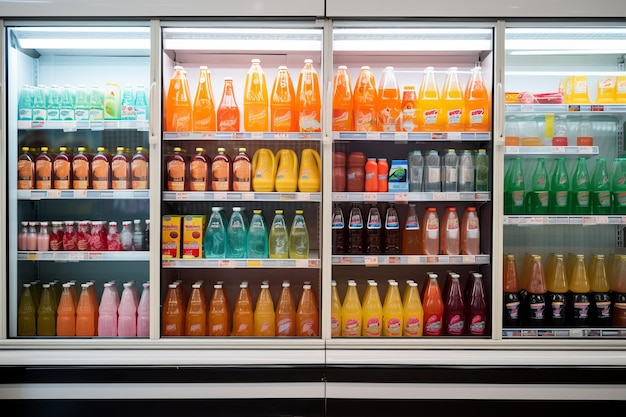 Foto una colorida selección de refrescos y jugos de frutas en la tienda de comestibles de penang