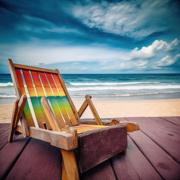 Foto una colorida silla de playa en una cubierta de madera con el océano en el fondo.