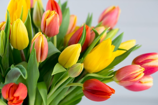 Una colorida tarjeta de saludos de primavera con flores para la Pascua, el Día de la Madre.