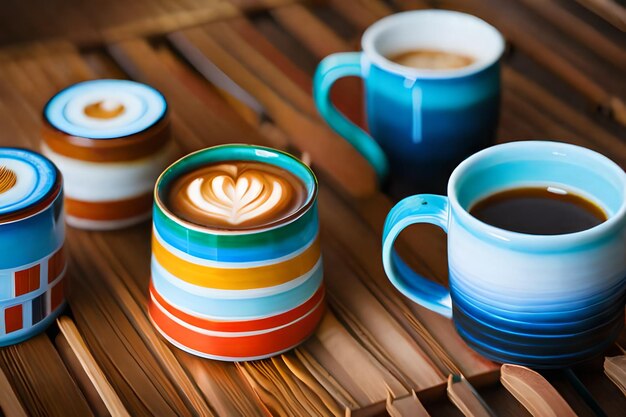 Foto una colorida taza de arte latte se encuentra sobre una mesa.