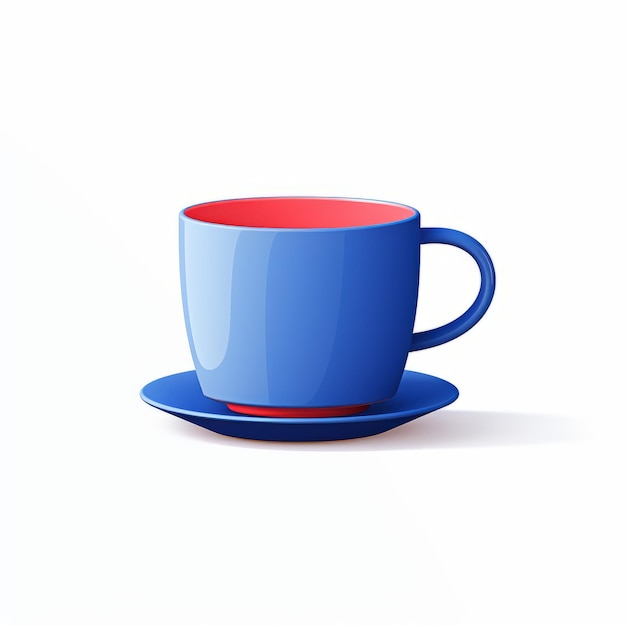 Colorida taza de café azul al estilo de dibujos animados con plato rojo