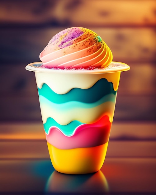 Una colorida taza de helado con un remolino de colores en la parte superior.