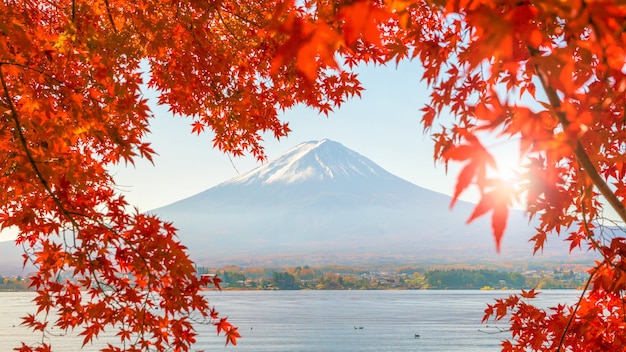 Colorida temporada de otoño y montaña Fuji con hojas rojas en el lago Kawaguchiko en Japón