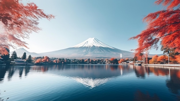 La colorida temporada de otoño y la montaña fuji con la mañana