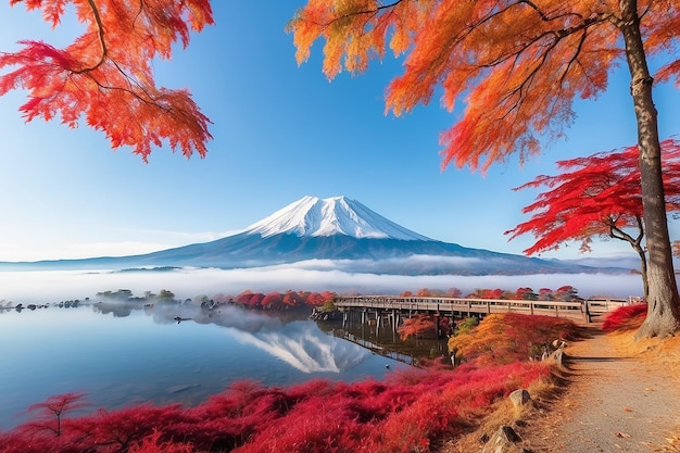 La colorida temporada de otoño y la montaña Fuji con niebla matutina y hojas rojas en el lago Kawaguchiko es uno de los mejores lugares de Japón