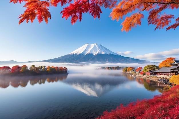 La colorida temporada de otoño y la montaña Fuji con niebla matutina y hojas rojas en el lago Kawaguchiko es uno de los mejores lugares de Japón