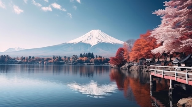 La colorida temporada de otoño y la montaña Fuji con niebla matutina y hojas rojas en el lago Kawaguchiko es uno de los mejores lugares de Japón