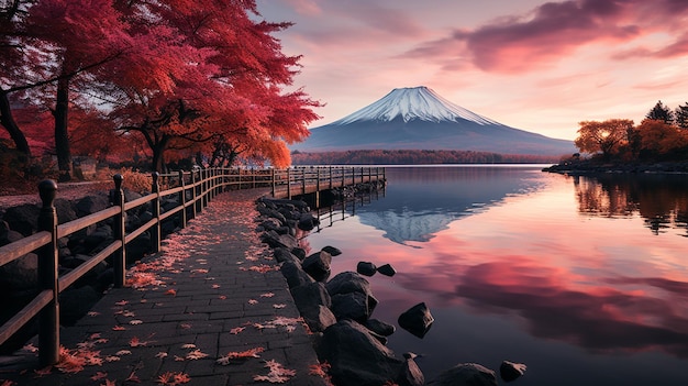 La colorida temporada de otoño y la montaña Fuji con niebla matutina y hojas rojas en el lago Kawaguchiko es una