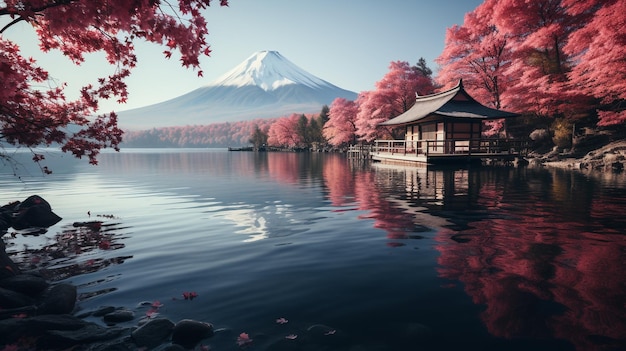 La colorida temporada de otoño y la montaña Fuji con niebla matutina y hojas rojas en el lago Kawaguchiko es una