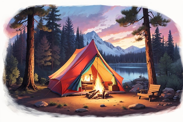 Una colorida tienda de campaña ubicada en un tranquilo campamento con un cálido fuego crepitante y el olor a pino en el aire.