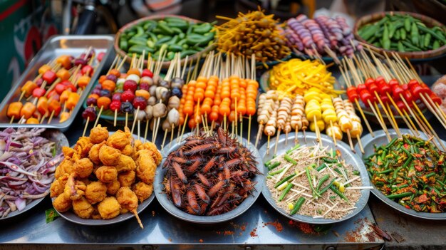 Una colorida variedad de bocadillos tailandeses de la calle, incluidos insectos fritos crujientes, carnes picadas y ensalada de papaya picante