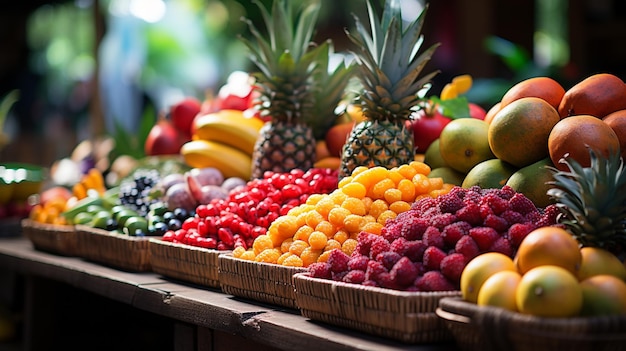 Foto una colorida variedad de frutas tropicales en un puesto de mercado