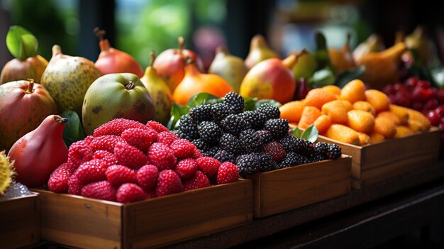 Una colorida variedad de frutas tropicales en un puesto de mercado