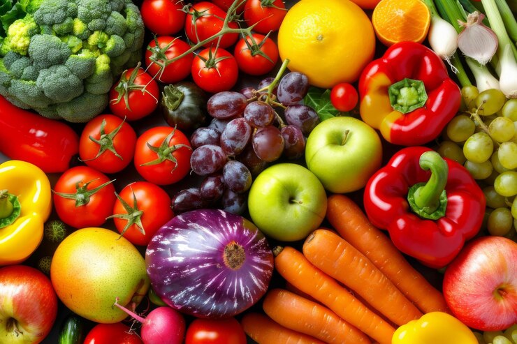 Una colorida variedad de frutas y verduras frescas.
