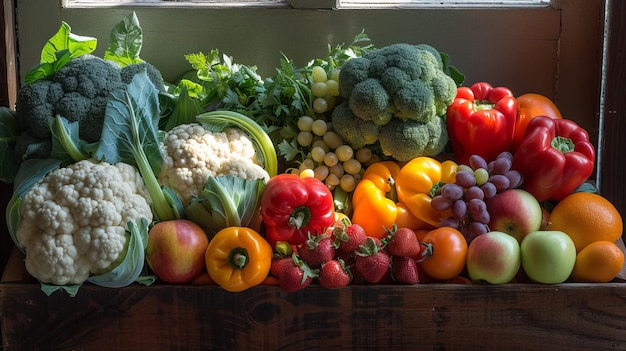 Una colorida variedad de frutas y verduras frescas