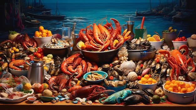 Foto una colorida variedad de mariscos en exhibición