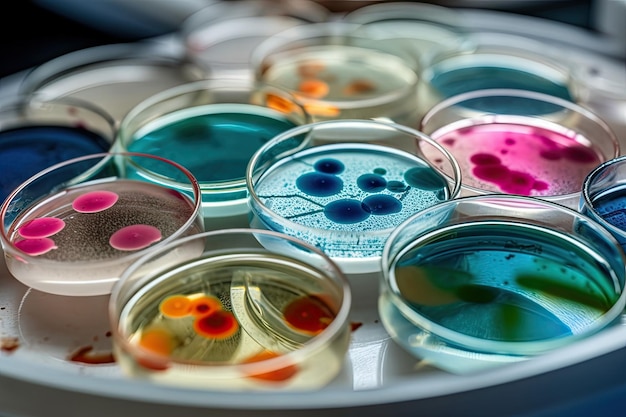 Colorida variedad de microorganismos dentro de la placa de Petri en laboratorio IA generativa