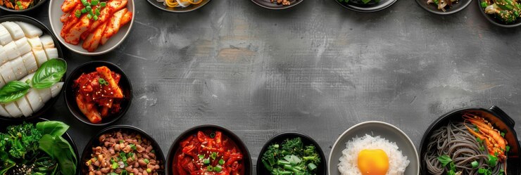 Una colorida variedad de platos tradicionales coreanos dispuestos en cuencos en una superficie rústica que muestra una variedad de ingredientes vibrantes